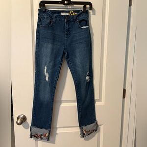 Embroidered Blue Ankle Jeans